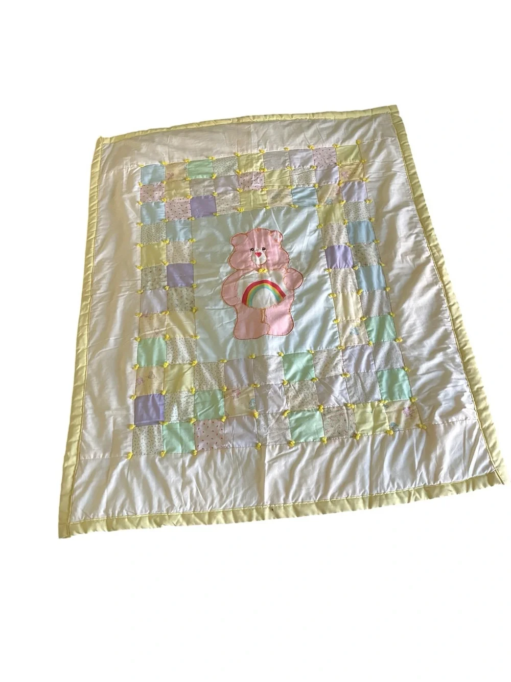 Vintage Care Bears Handmade Baby Quilt Blanket Pastel Patchwork 38x46